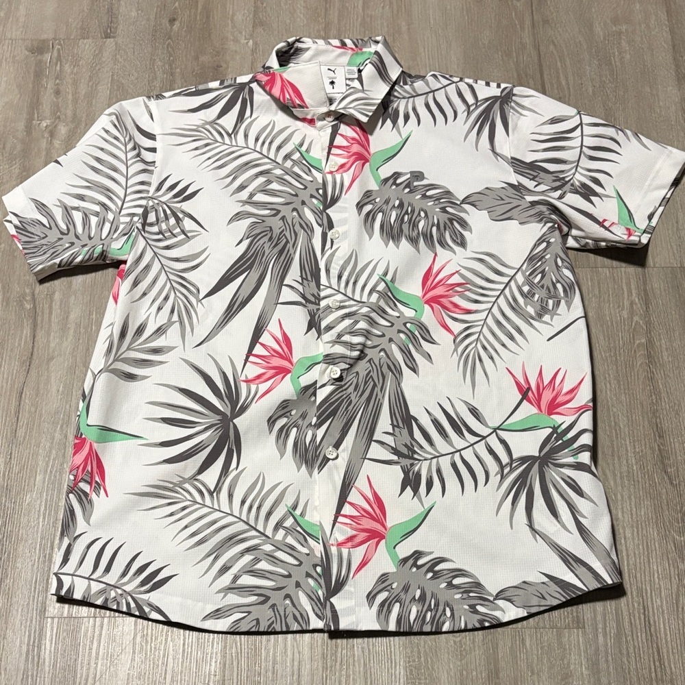 Puma Men's Tropical Leaf Print Shirt - White, Pink, Gray, Green